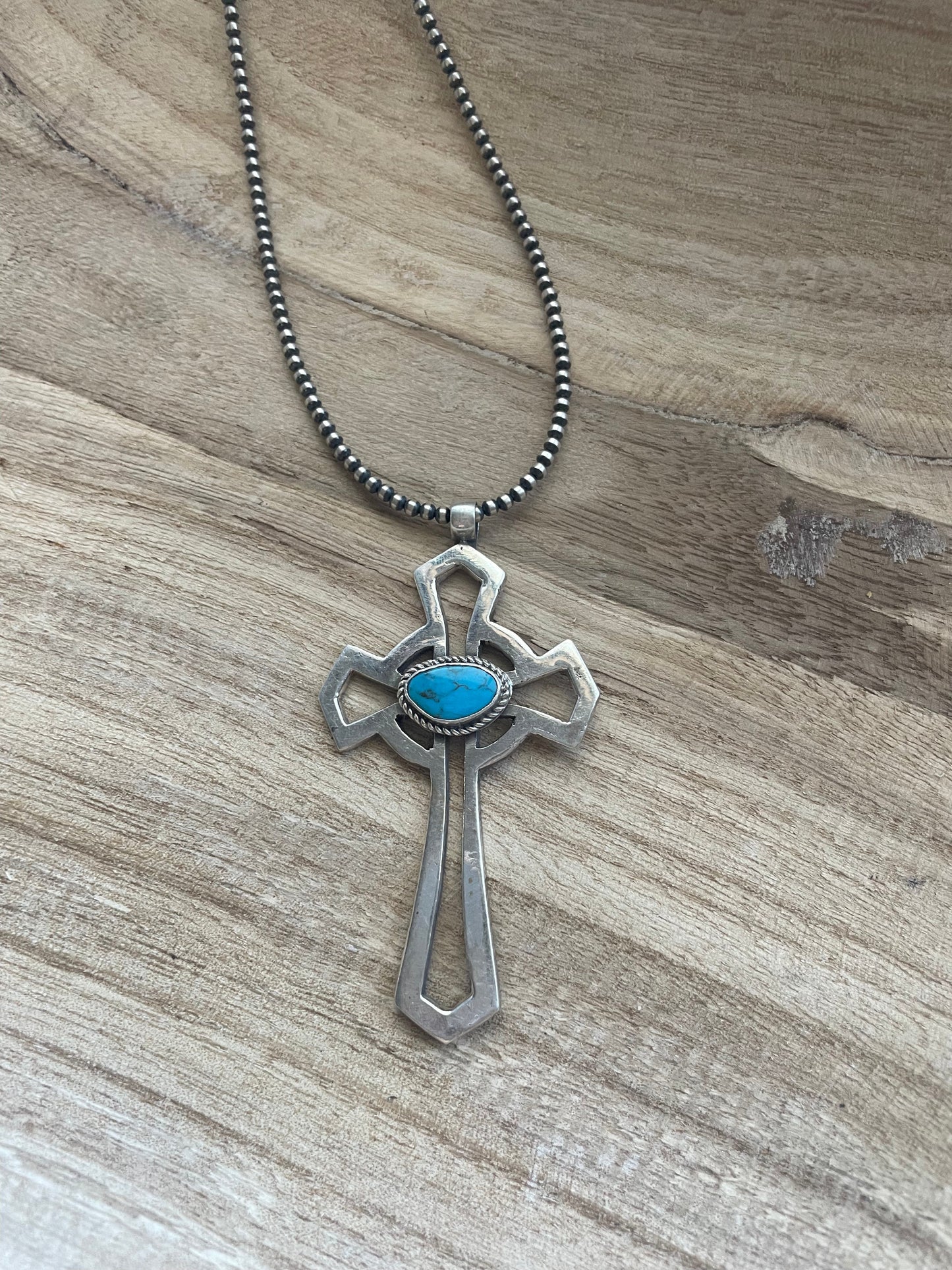 Handcrafted Sterling Silver & Turquoise Cross Pendant Signed Eugene Mitchell