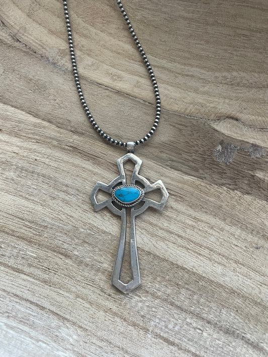 Handcrafted Sterling Silver & Turquoise Cross Pendant Signed Eugene Mitchell