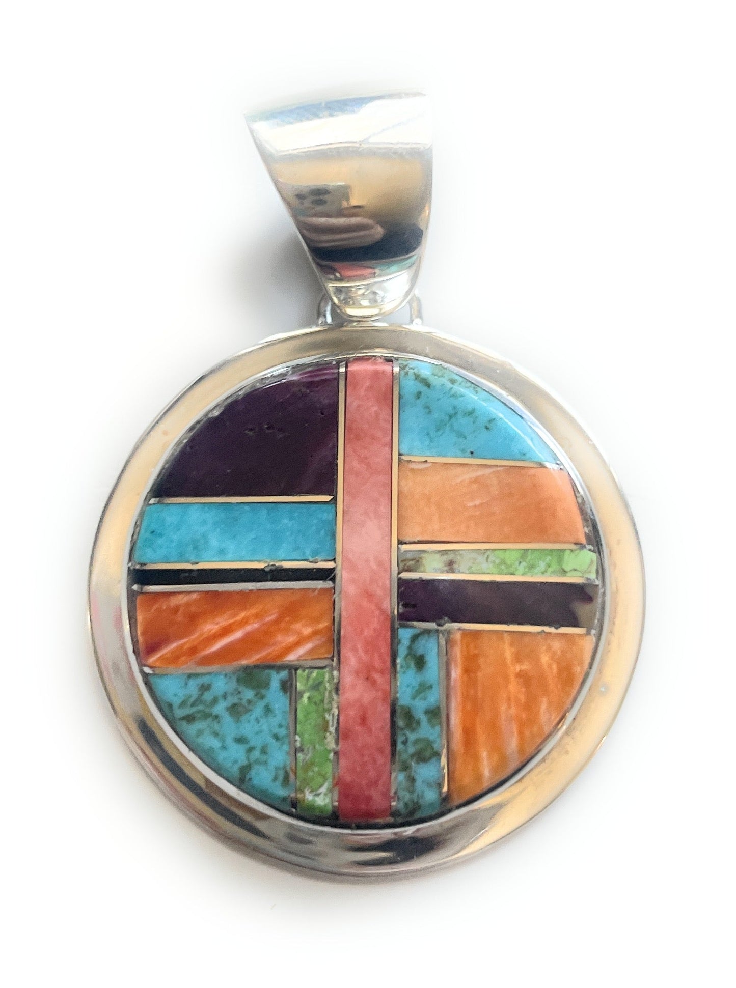 Handcrafted Multi Stone Inlay & Sterling Silver Circle Pendant