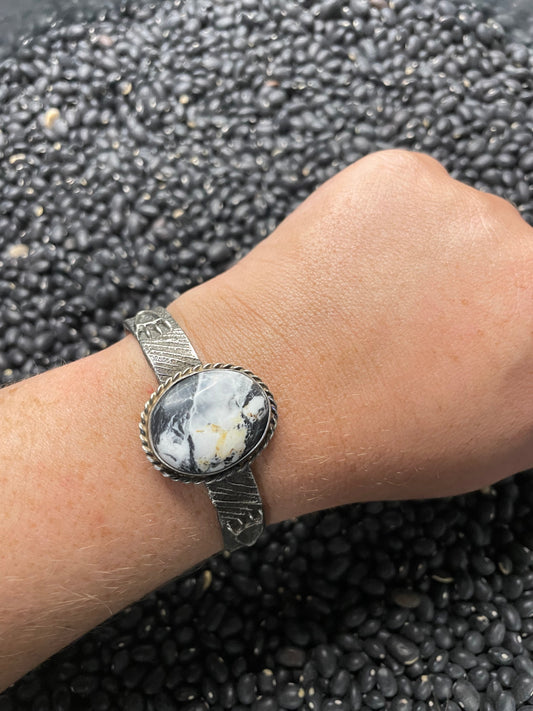 Handcrafted Golden Hills White Buffalo & Sterling Silver Tufa Cast Cuff Bracelet Signed