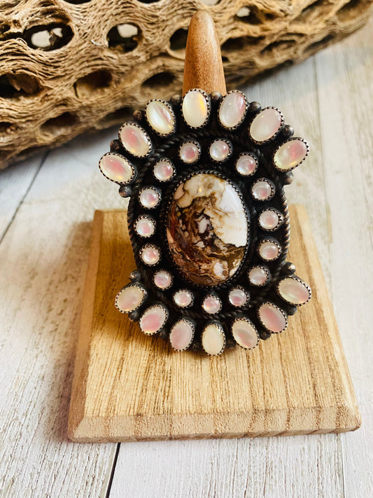 Handcrafted Sterling Silver, Mother of Pearl & Wild Horse Cluster Adjustable Ring