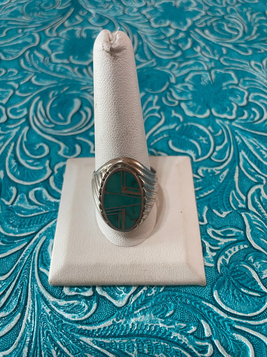 Old Pawn Handcrafted Sterling Silver & Turquoise Inlay Ring Size 11