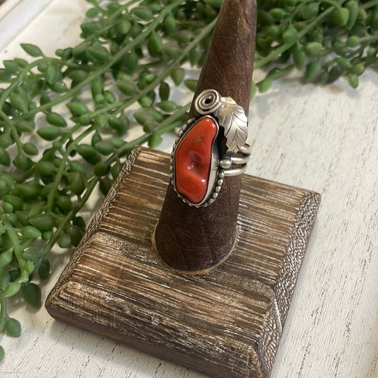 Handcrafted Coral & Sterling Silver Feather Ring Signed