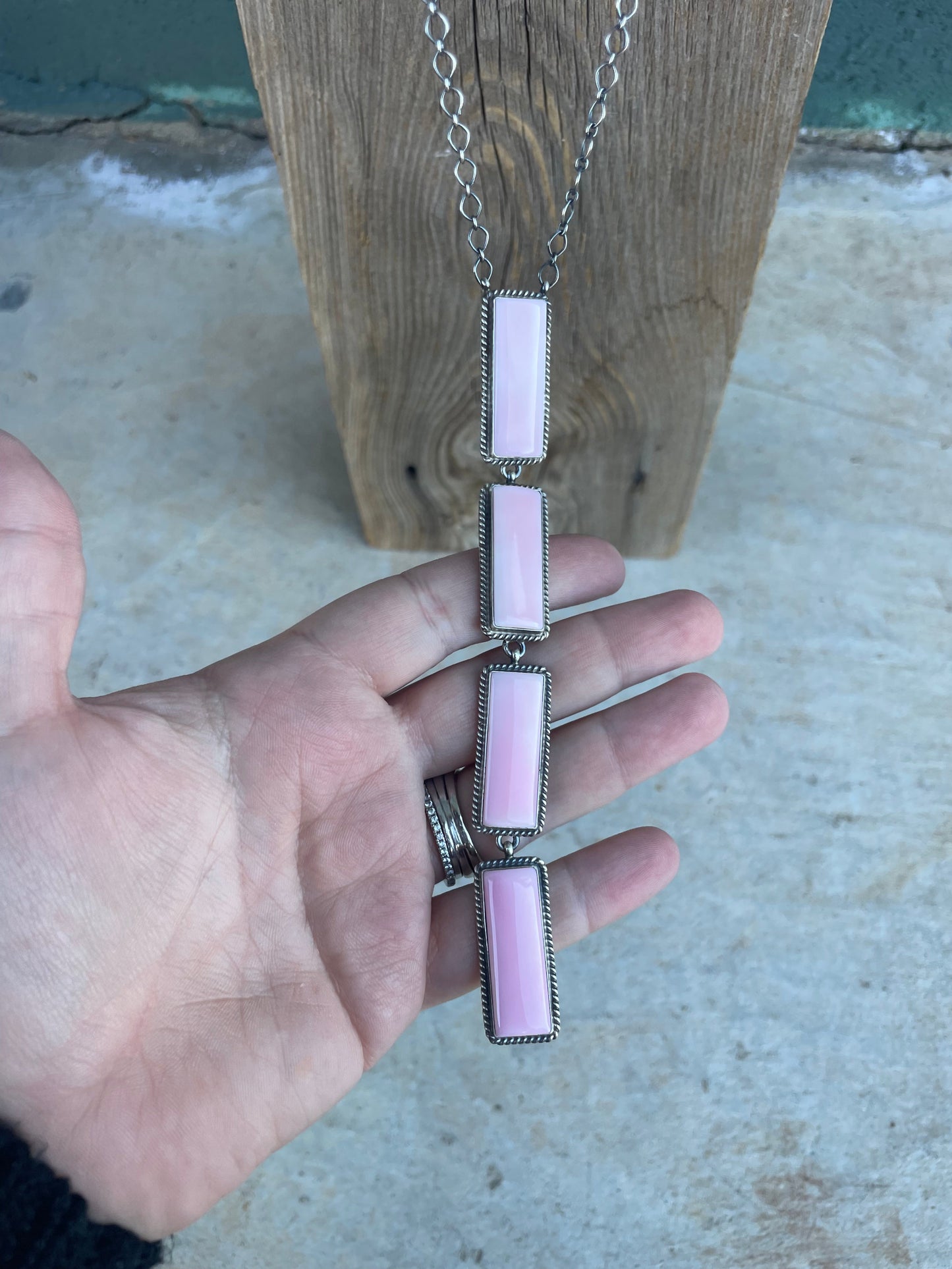 Handcrafted Four Stone Queen Pink Conch Shell And Sterling Silver Drop Necklace Signed