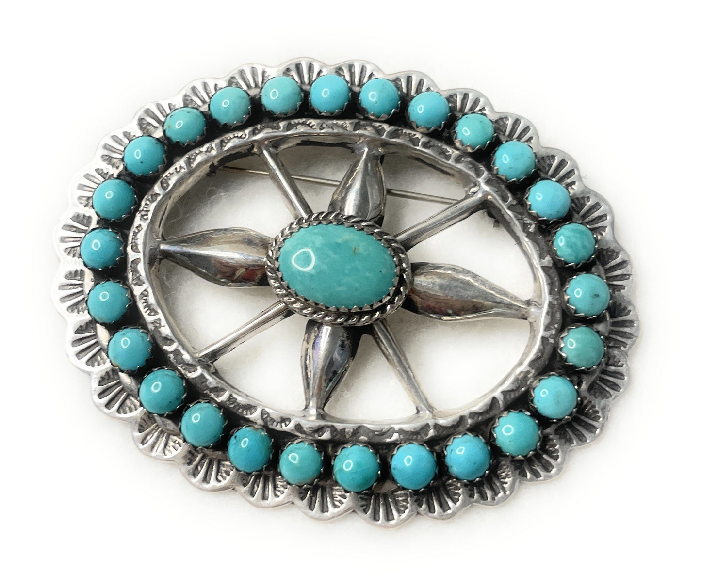 Navajo Turquoise And Sterling Silver Pendant Pin Signed