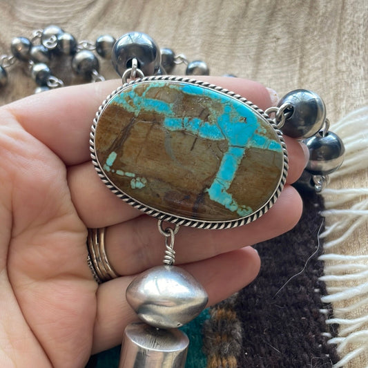 Handcrafted Sterling Silver & Number 8 Turquoise Necklace Signed Emer Thompson