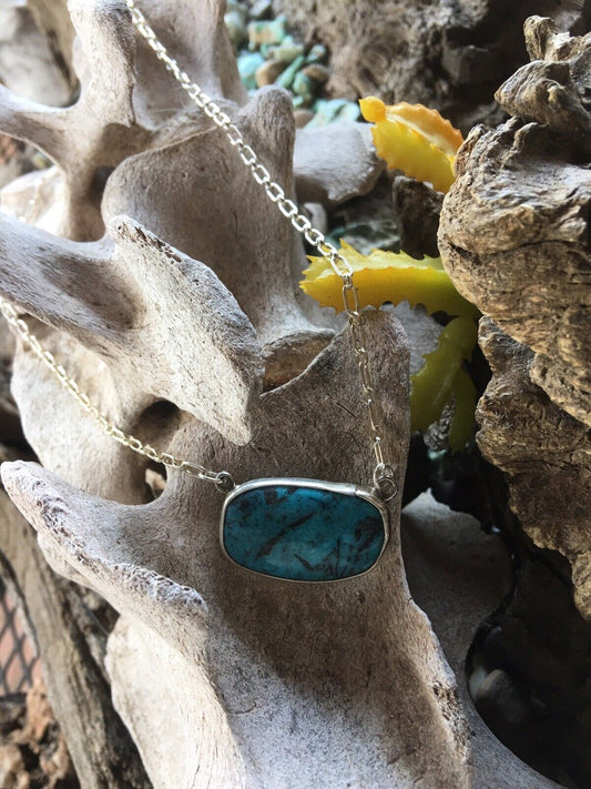 Handcrafted Kingman Turquoise Sterling Silver Drop Necklace Signed