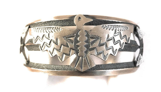 Kevin Yazzie Hand Stamped Sterling Silver Thunderbird Cuff Bracelet, Signed