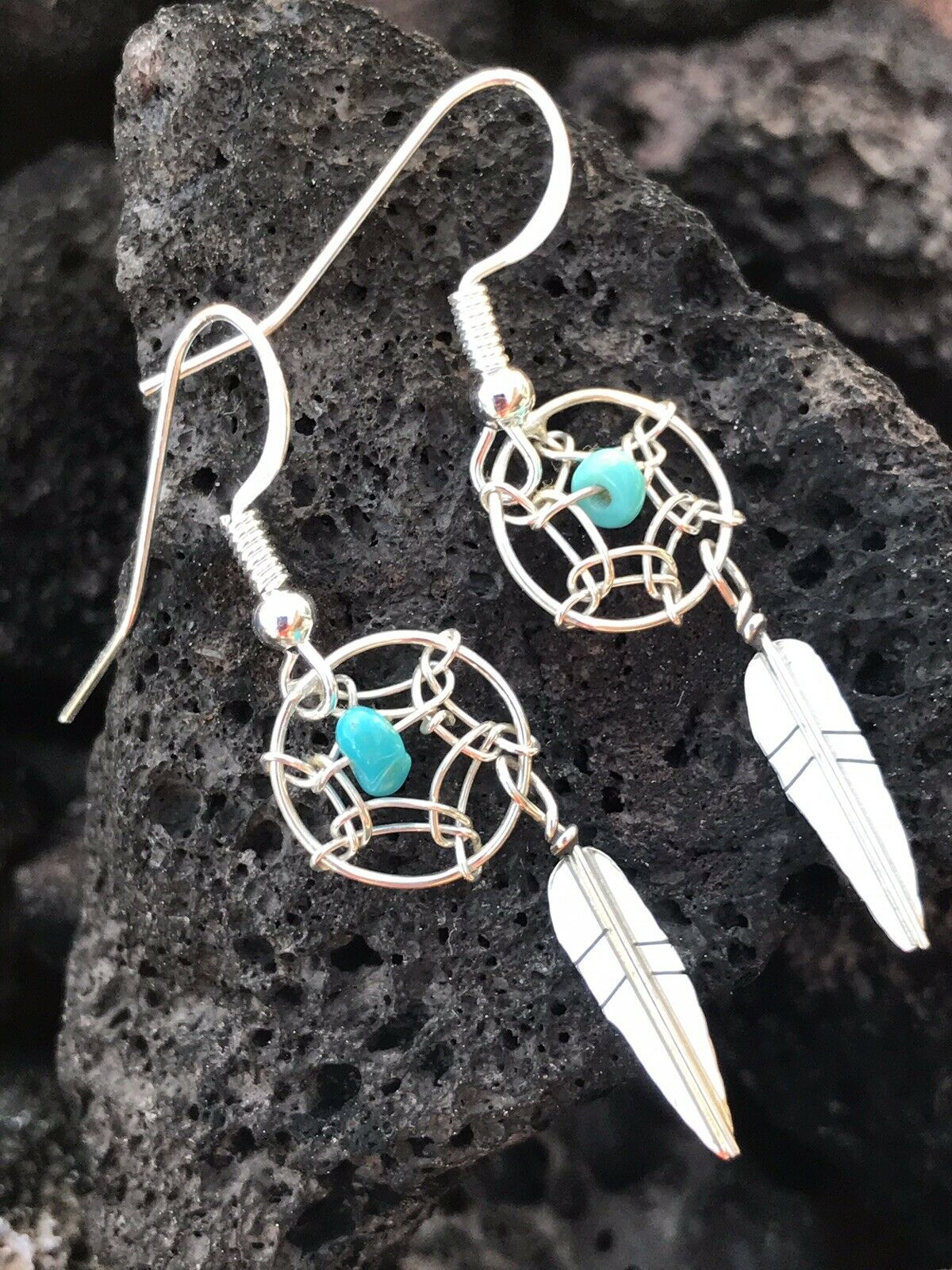 Handcrafted Sterling Silver  Turquoise Dream Catcher, Dangle Earrings