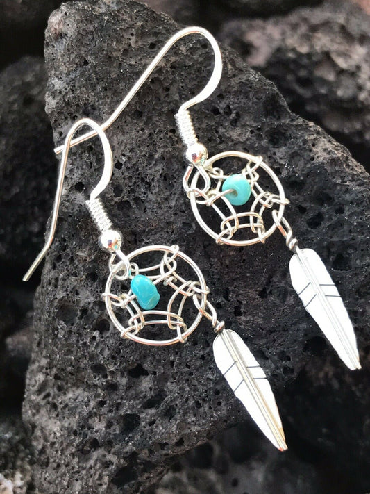 Handcrafted Sterling Silver  Turquoise Dream Catcher, Dangle Earrings