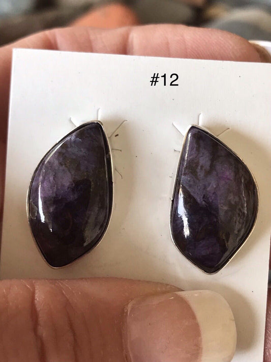 Handcrafted Charoite And Sterling Silver Post Earrings Stamped Sterling