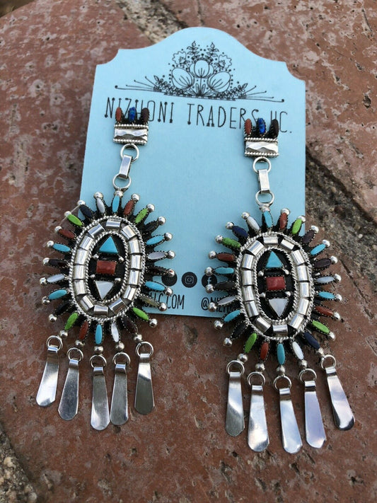 Handcrafted Sterling Silver and Multi Stone Needle Point Dangle Earrings Signed