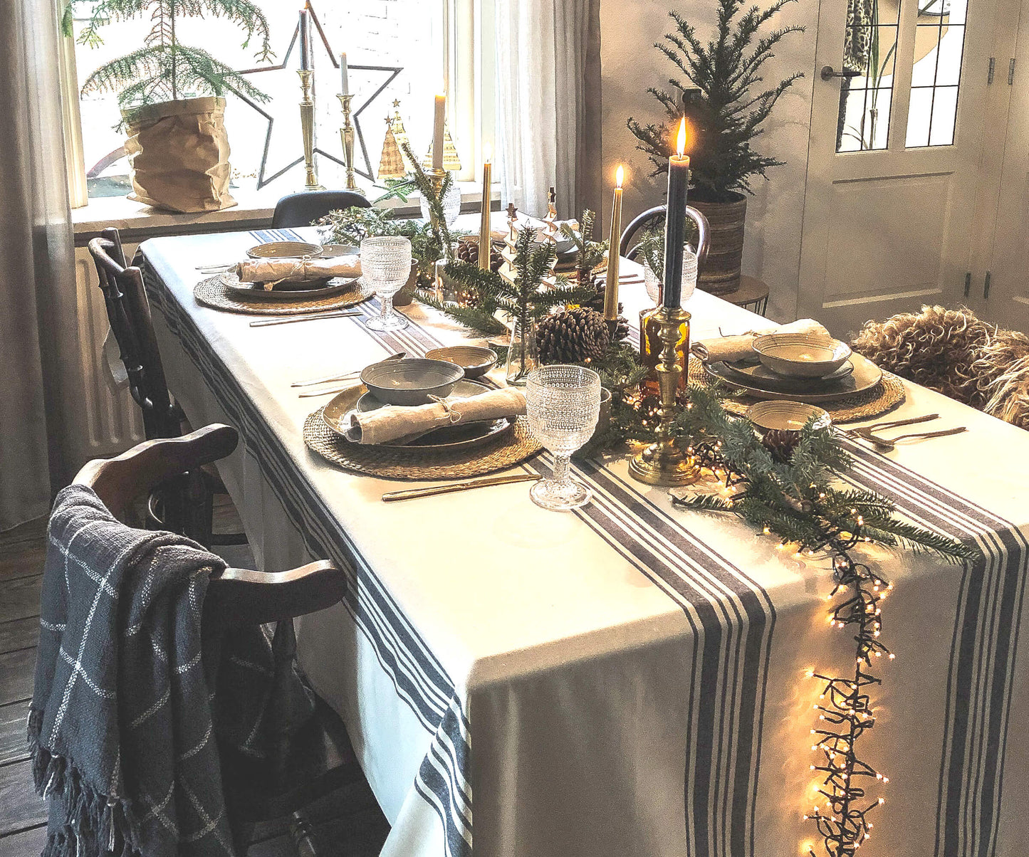 Navy Blue Striped Tablecloth