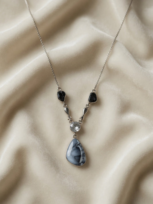 Dendritic Agate Gemstone With Clear Quartz & Black Tourmaline Sterling Silver Necklace