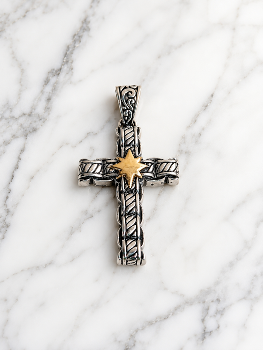 Handcrafted Exquisite Sterling Silver Cross Pendant With 18k Gold Accents