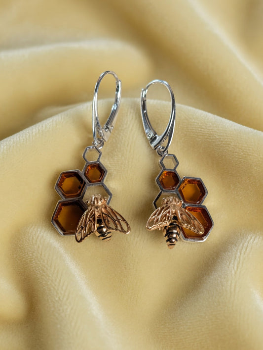 Amber Handmade Sterling Silver With Golden Bumblebee On Honeycomb Leverback Earrings