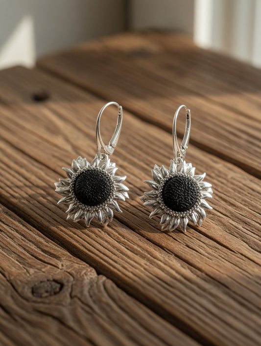 Dark Amber Handmade Sterling Silver Sunflower Leverback Earrings