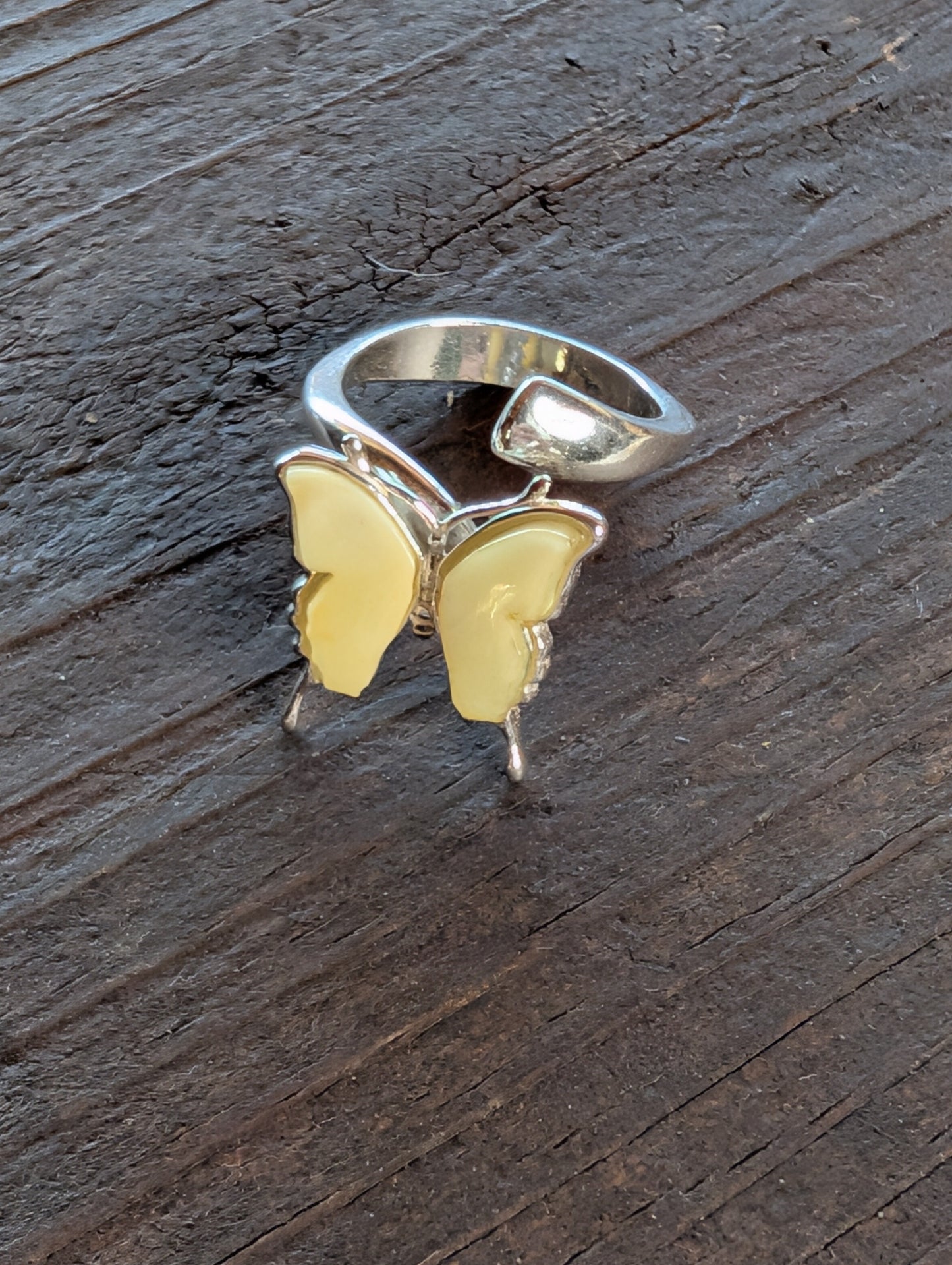 Butterfly Ring Yellow Amber Handmade Sterling Silver Adjustable