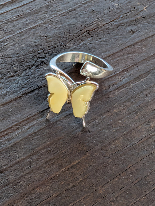 Butterfly Ring Yellow Amber Handmade Sterling Silver Adjustable