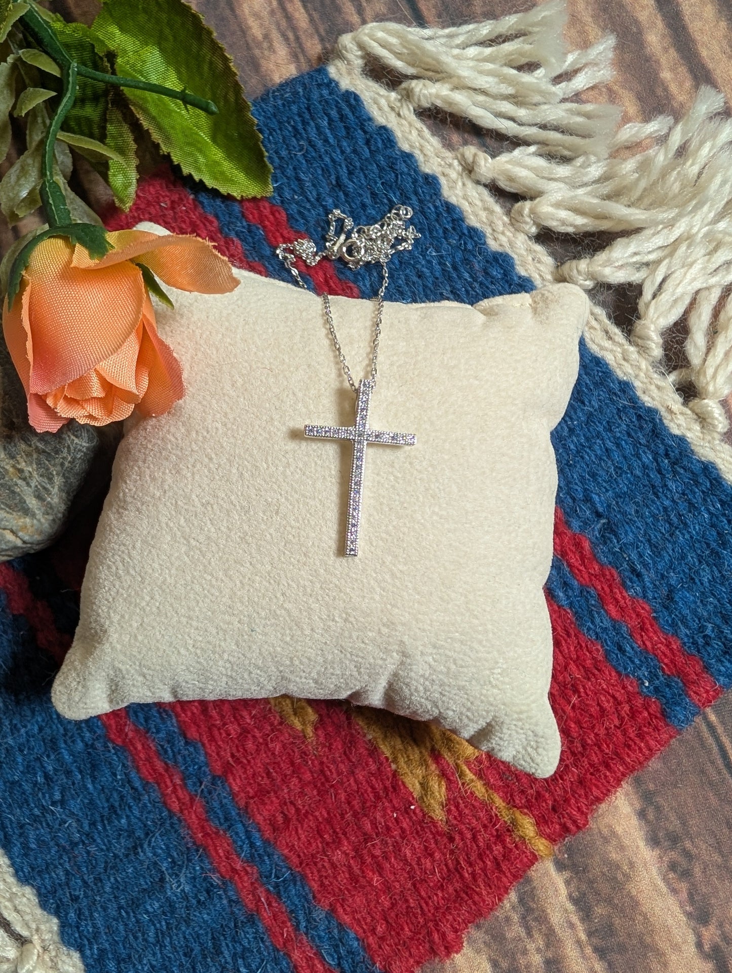 CZ Cross Simplistic Medium Sized Pendant On Sterling Silver Necklace