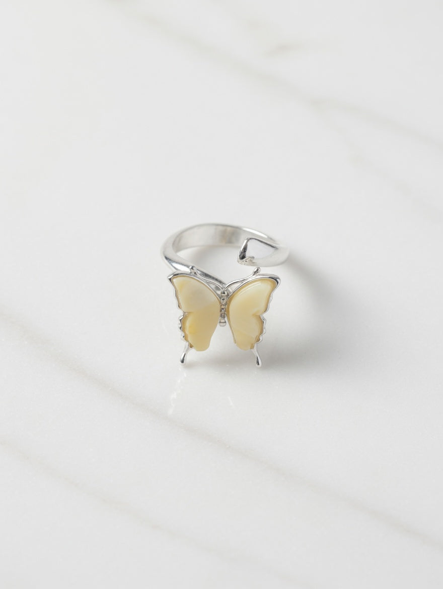 Butterfly Ring Yellow Amber Handmade Sterling Silver Adjustable