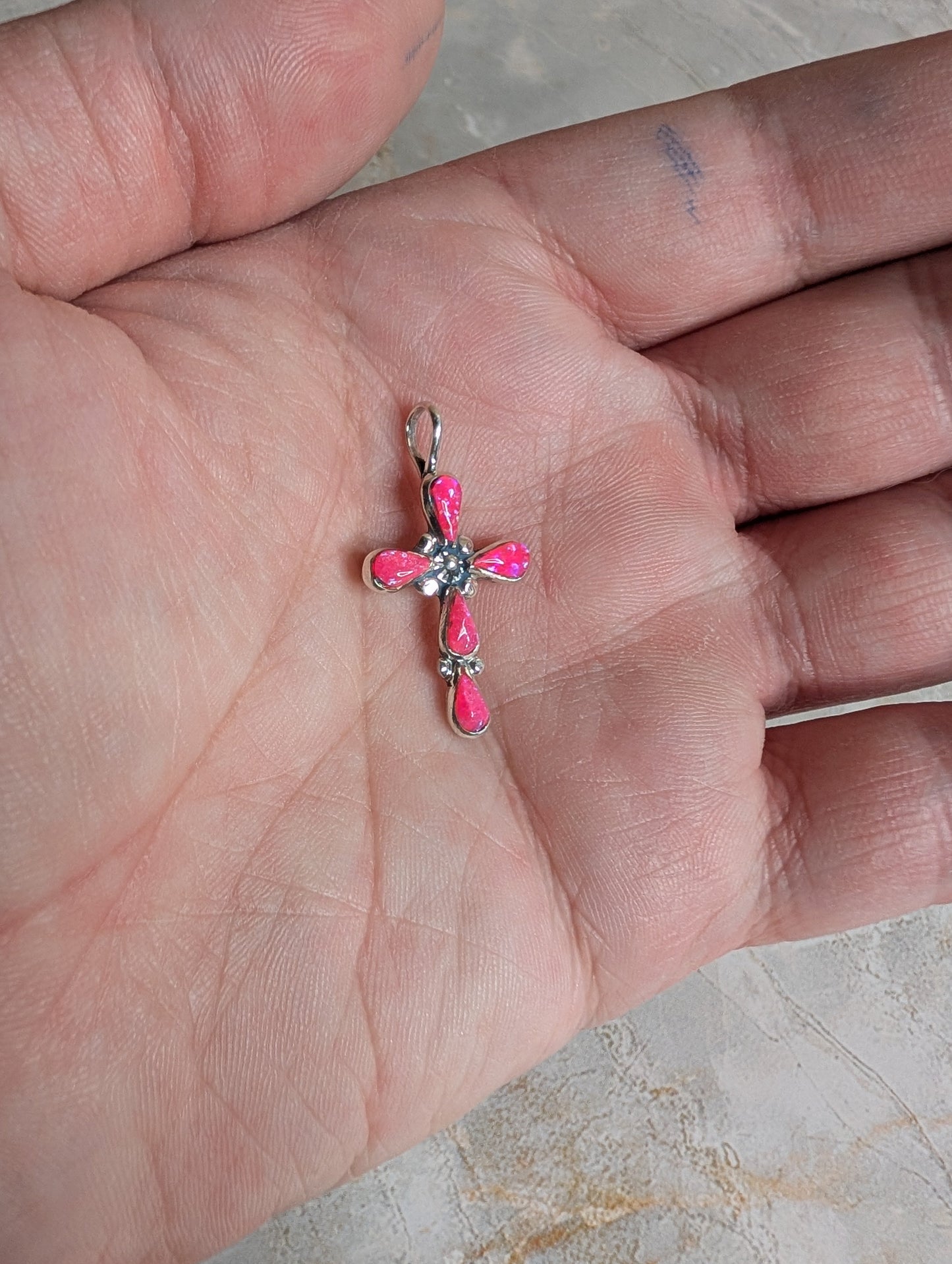 Handcrafted Hot Pink Fire Opal Sterling Silver Cross Pendant