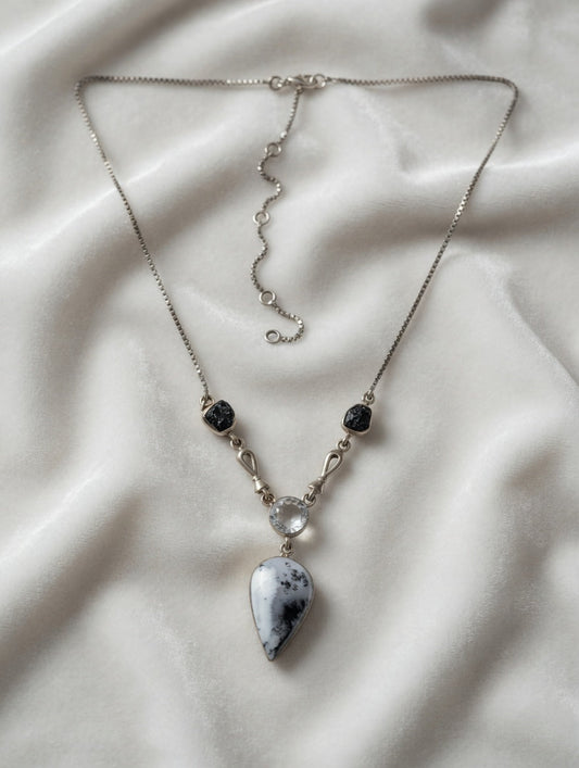 Dendritic Agate Pear Shape Gemstone With Clear Quartz & Black Tourmaline Sterling Silver Necklace