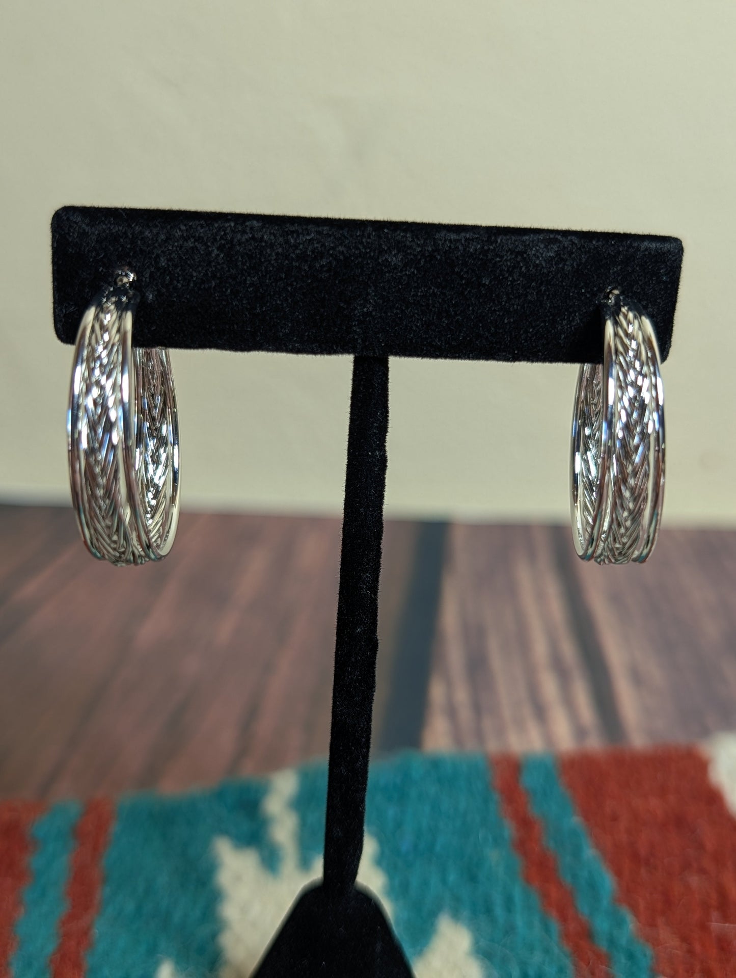 Etched Braided Hoop Earrings Textured Silver Plated