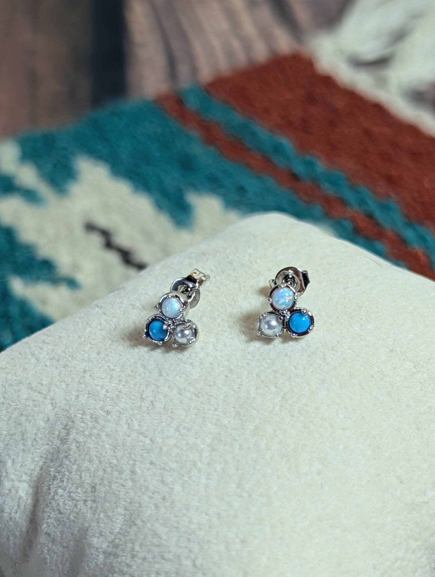Bermuda Earrings Triple Stud With Opal, Pearls, & Turquoise On Sterling Silver