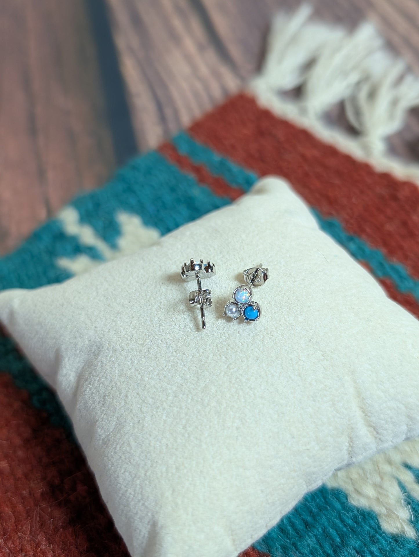 Bermuda Earrings Triple Stud With Opal, Pearls, & Turquoise On Sterling Silver