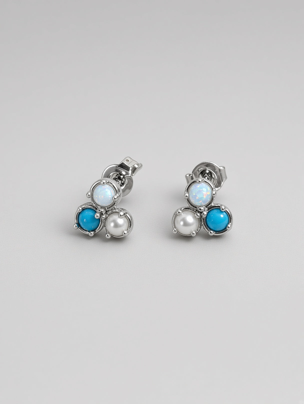Bermuda Earrings Triple Stud With Opal, Pearls, & Turquoise On Sterling Silver