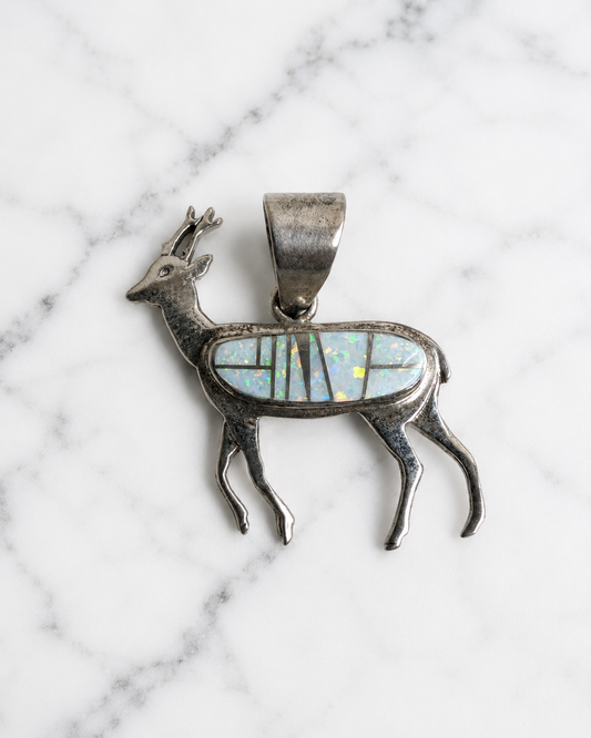 Handcrafted Fire White Opal Sterling Silver Deer Pendant