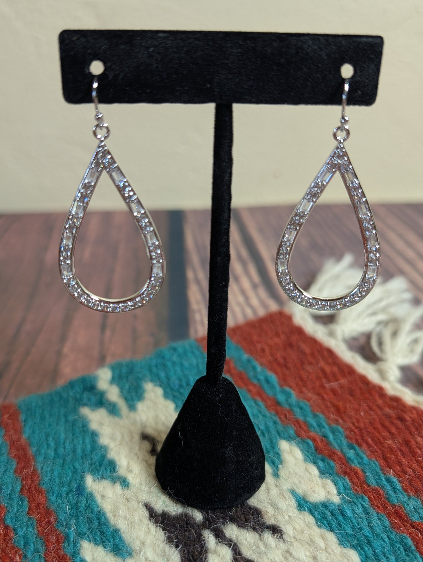 CZ Hoop Earrings White GemStone Tear Drop Shaped Dangle Silver Plated