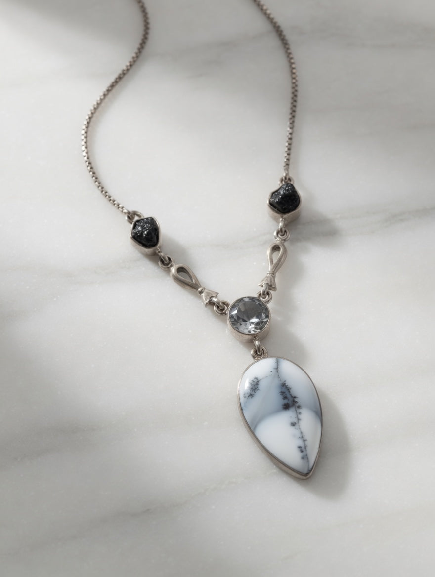 Dendritic Agate Leaf Shaped Gemstone With Clear Quartz & Black Tourmaline Sterling Silver Necklace