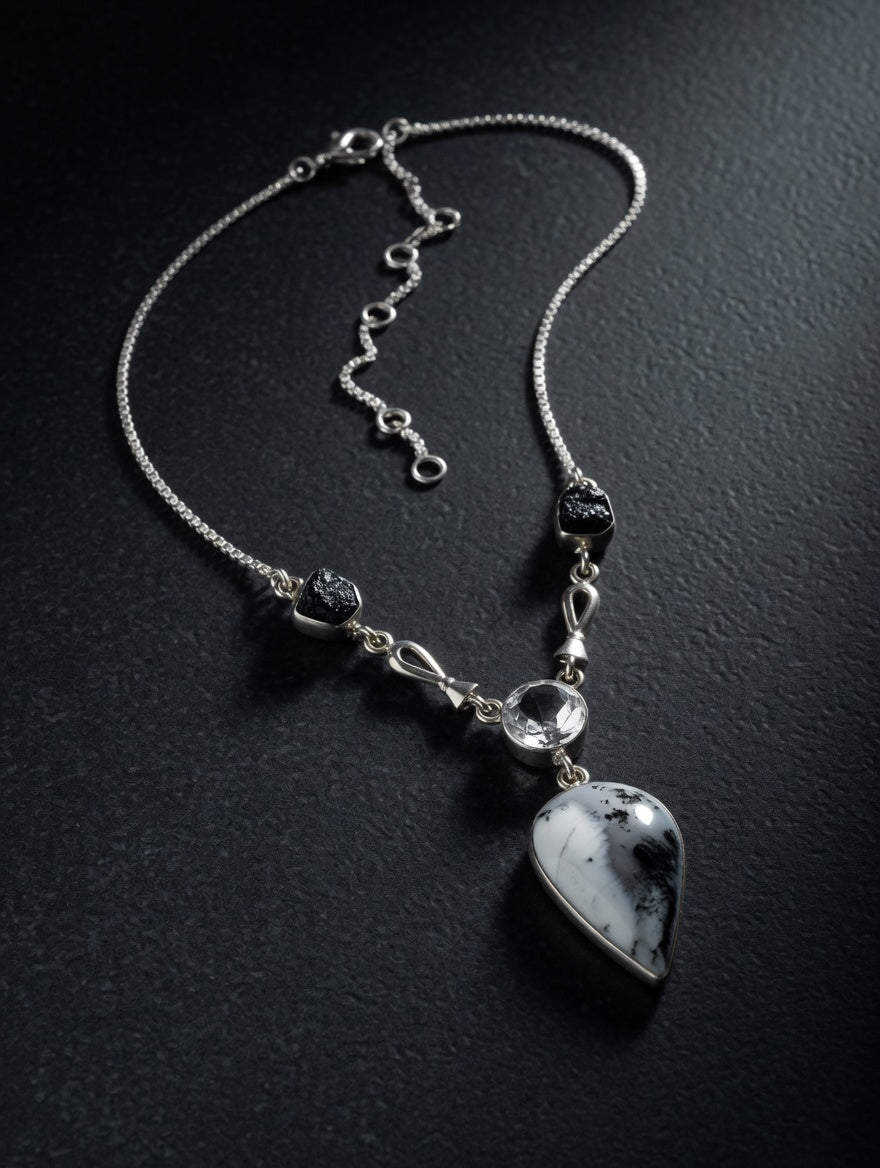 Dendritic Agate Pear Shape Gemstone With Clear Quartz & Black Tourmaline Sterling Silver Necklace