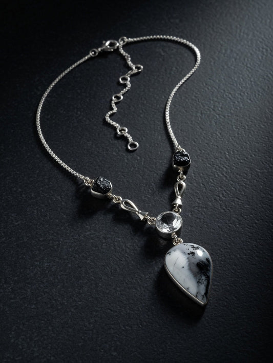 Dendritic Agate Pear Shape Gemstone With Clear Quartz & Black Tourmaline Sterling Silver Necklace