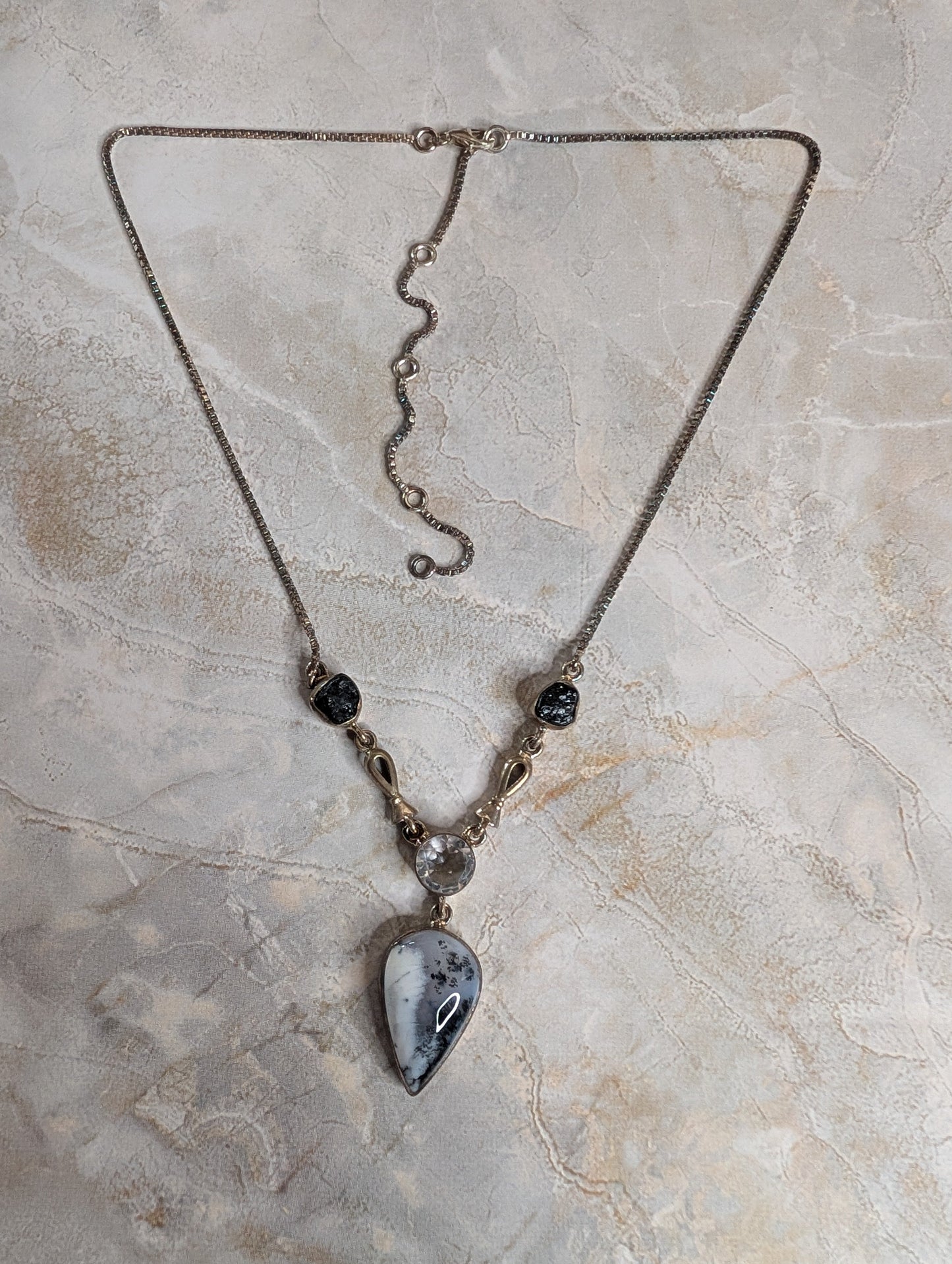 Dendritic Agate Pear Shape Gemstone With Clear Quartz & Black Tourmaline Sterling Silver Necklace