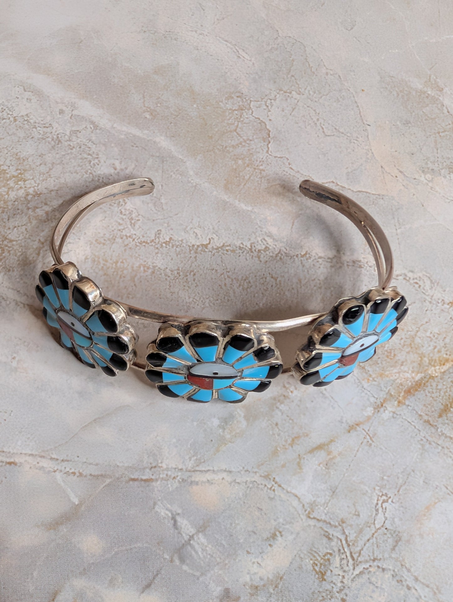 Handcrafted MultiStone Sunface Sterling Silver Cuff Bracelet With Blue Accents