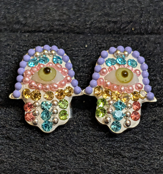 Hamsa Multi-Color Evil Eye Sterling Silver Stud Earrings