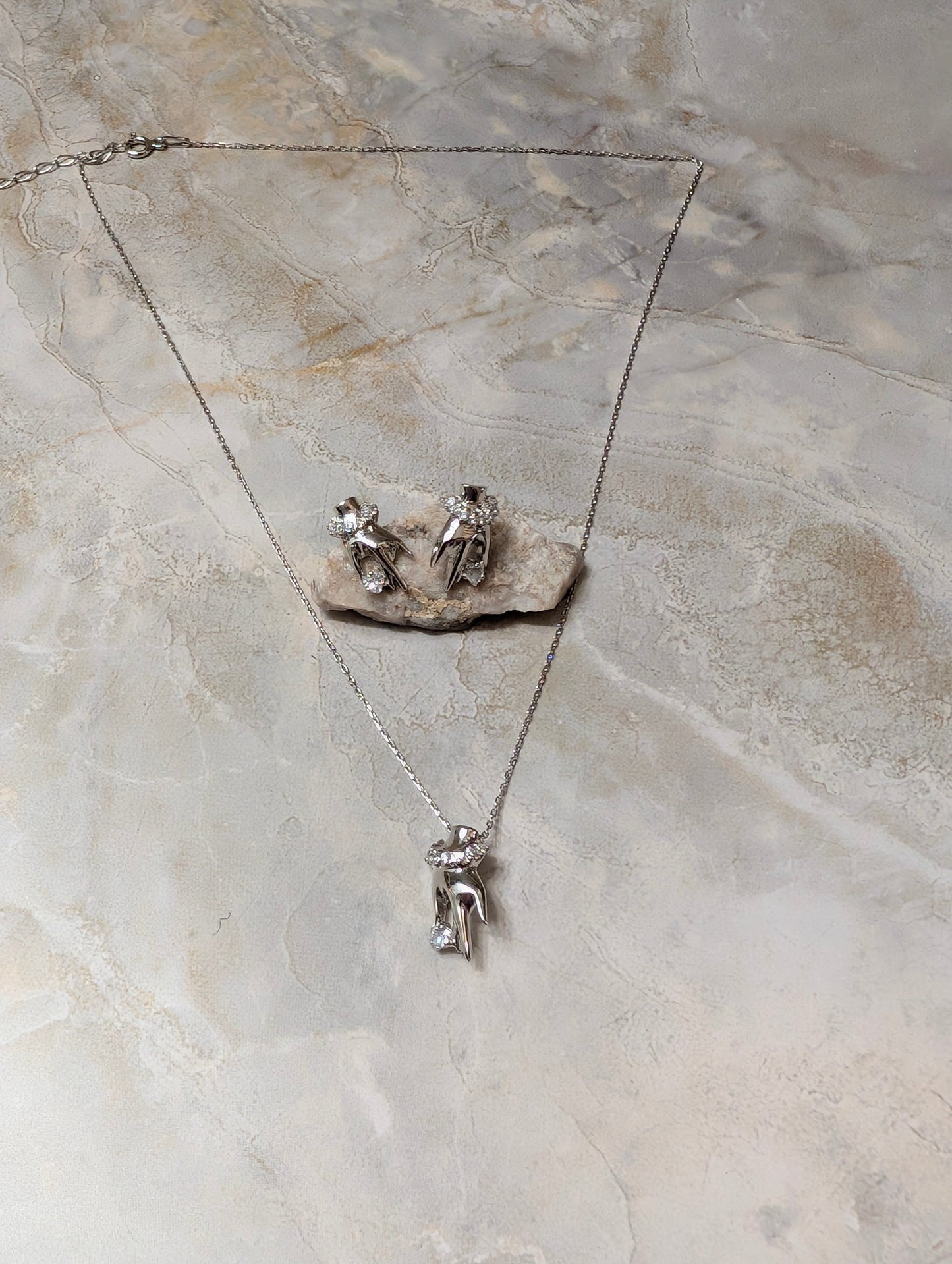 Hand Of Protection CZ Sterling Silver Earrings & Pendant Necklace Jewelry Set
