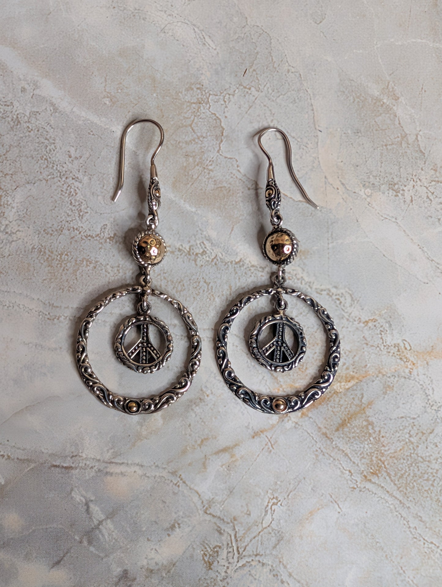 Bohemian Style Peace Sign Sterling Silver Earrings With 18k Gold Accents