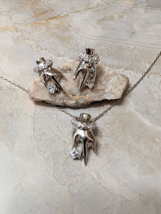 Hand Of Protection CZ Sterling Silver Earrings & Pendant Necklace Jewelry Set
