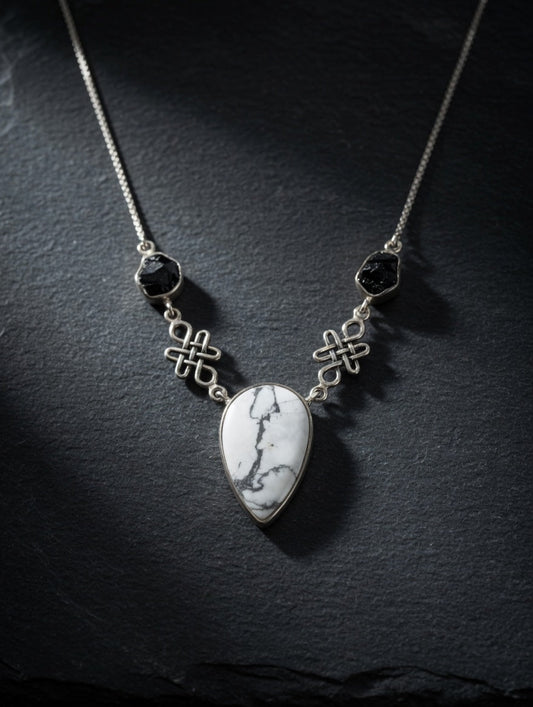 Dendritic Agate Leaf Shaped Gemstone With Black Tourmaline Sterling Silver Necklace