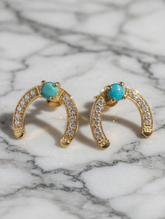 14k Gold Plated Sterling Silver CZ Horseshoe Earrings With Turquoise