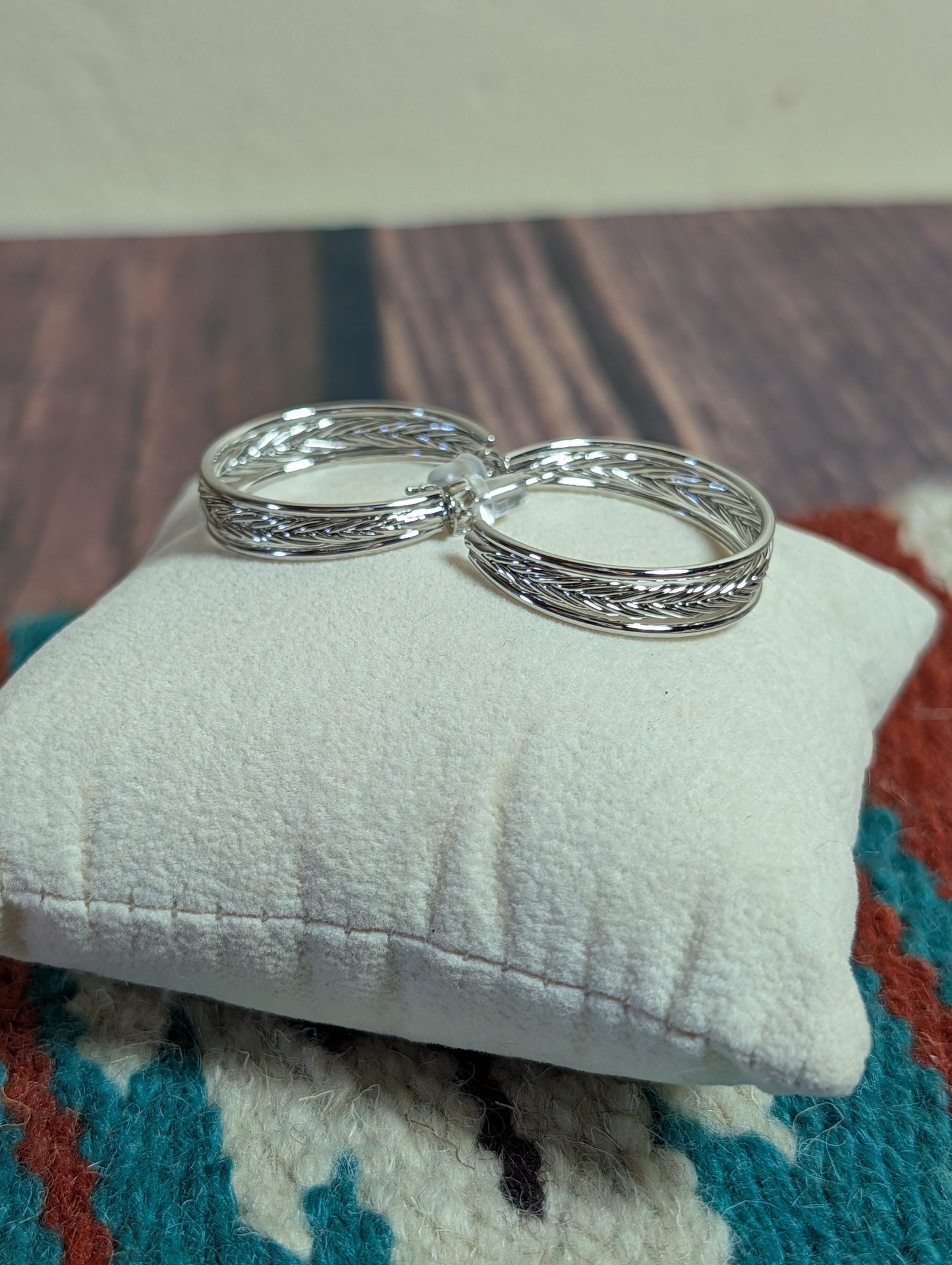 Etched Braided Hoop Earrings Textured Silver Plated