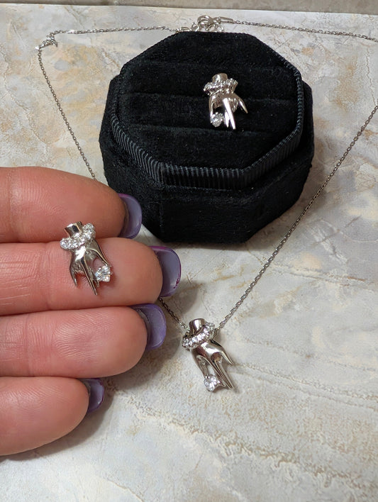 Hand Of Protection CZ Sterling Silver Earrings & Pendant Necklace Jewelry Set