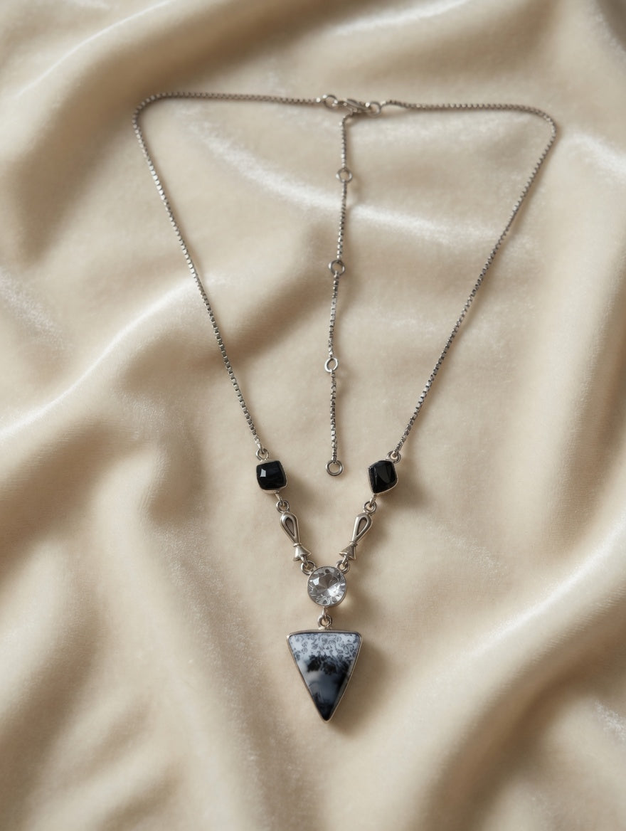Dendritic Agate Triangle Shaped Gemstone With Clear Quartz & Black Tourmaline Sterling Silver Necklace
