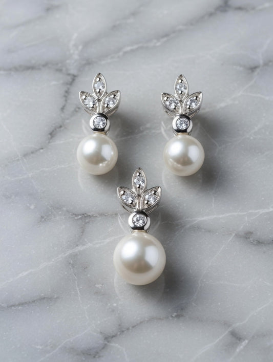 Elegant Sterling Silver Pearl Drop Earrings & Pendant Jewelry Set