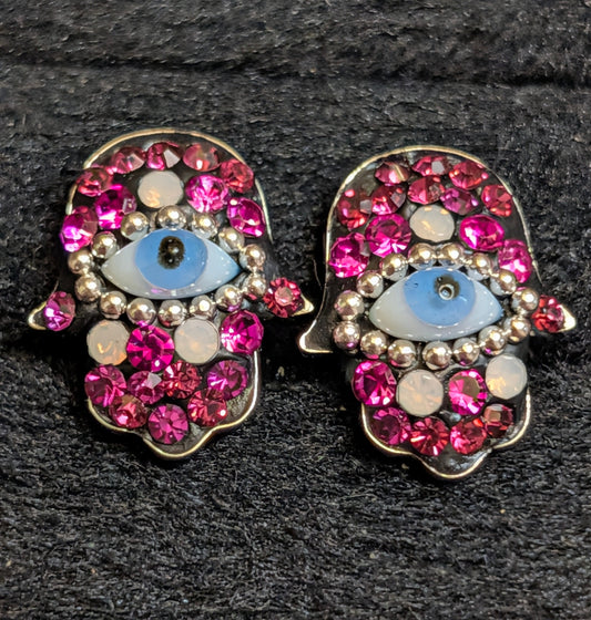 Hamsa Pink Evil Eye Sterling Silver Stud Earrings
