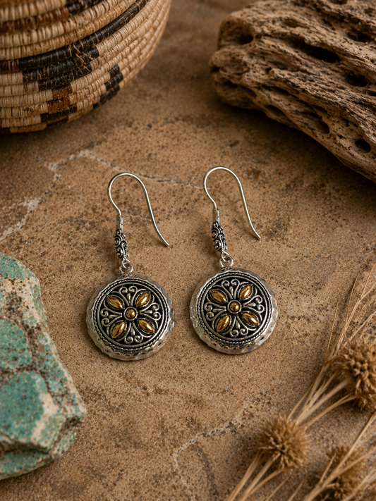 Bohemian Style Filigree Sterling Silver Earrings With 18k Gold Accents